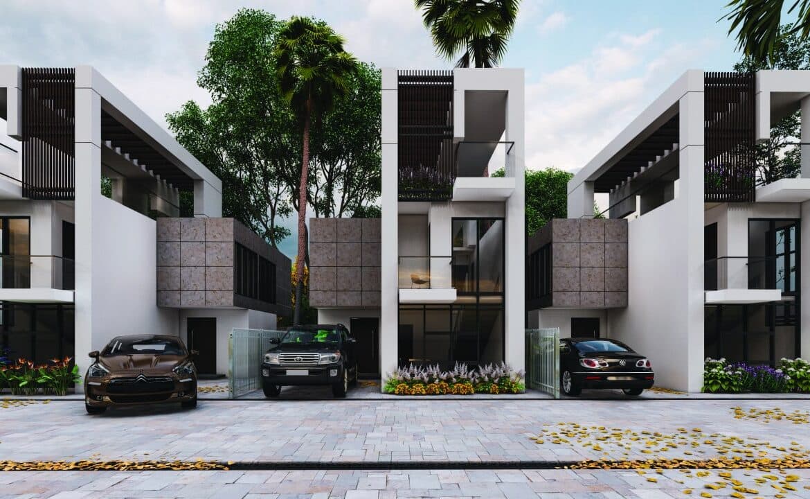 Modern home exterior at dusk